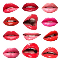 Image of Female lips with lipsticks of different shades on white background, collage