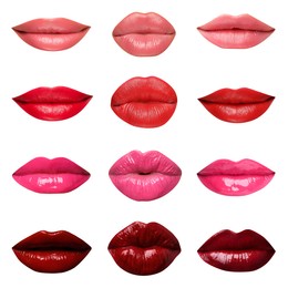 Image of Female lips with lipsticks of different shades on white background, collage