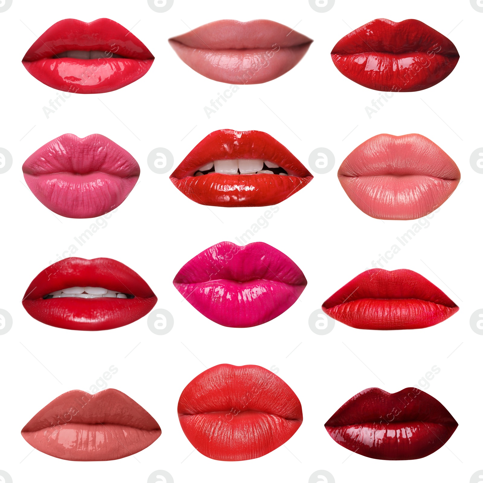 Image of Female lips with lipsticks of different shades on white background, collage