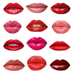Image of Female lips with lipsticks of different shades on white background, collage