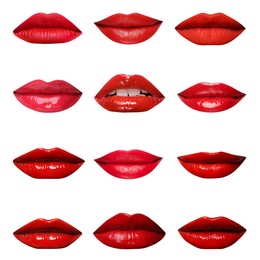Image of Female lips with lipsticks of different shades on white background, collage