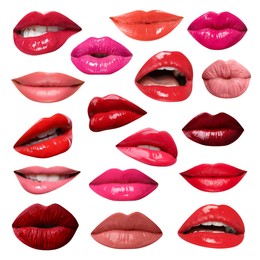 Image of Female lips with lipsticks of different shades on white background, collage