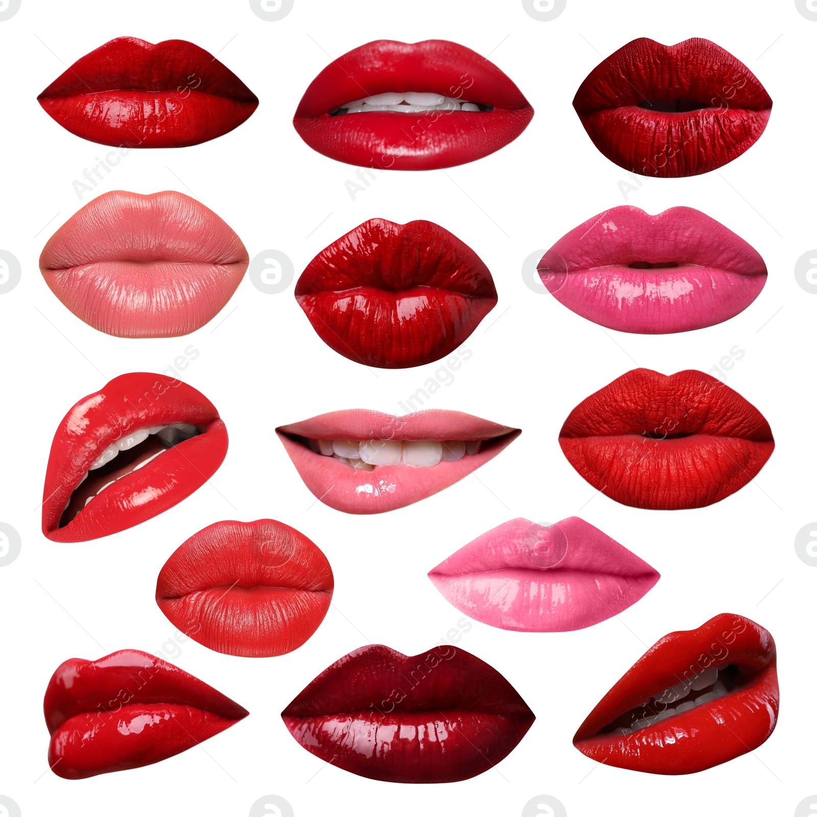 Female lips with lipsticks of different shades on white background, collage Image of Female lips with lipsticks of different shades on white background, collage