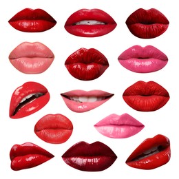 Image of Female lips with lipsticks of different shades on white background, collage