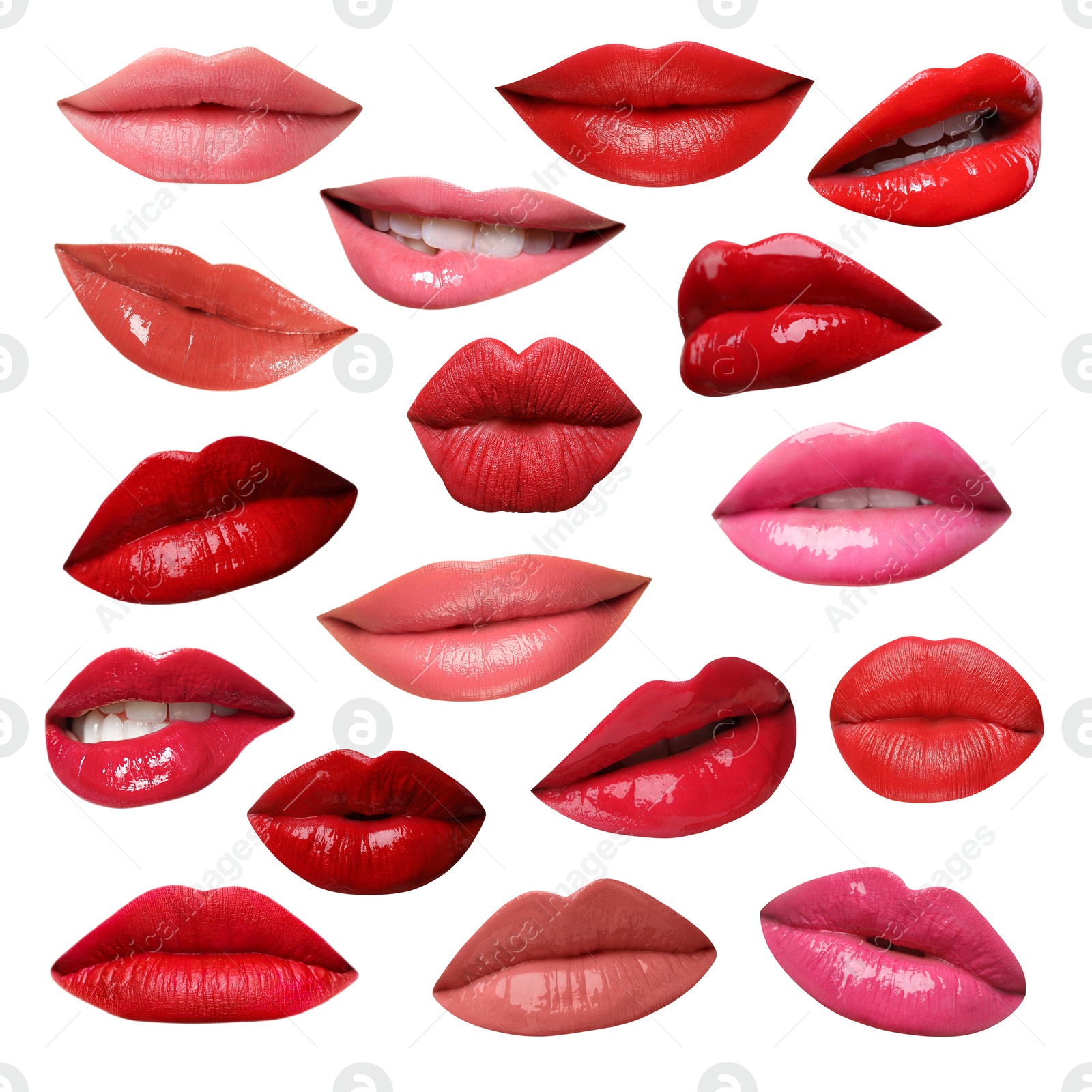 Female lips with lipsticks of different shades on white background, collage Image of Female lips with lipsticks of different shades on white background, collage