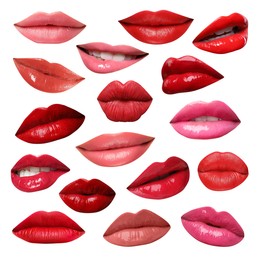 Image of Female lips with lipsticks of different shades on white background, collage