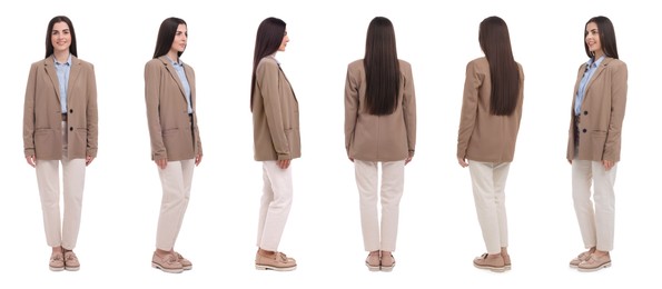 Image of Beautiful woman in stylish outfit on white background, collage. View from different sides