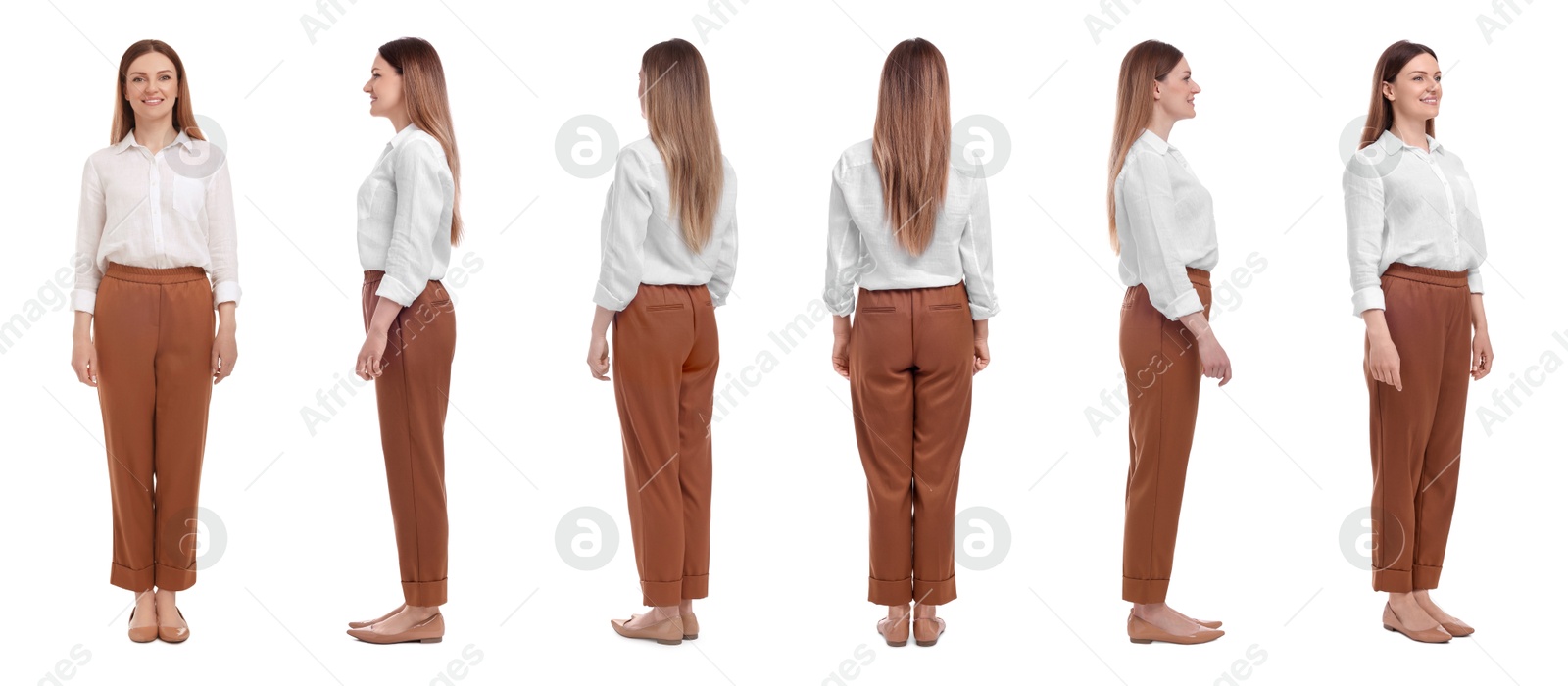 Beautiful woman in stylish outfit on white background, collage. View from different sides Image of Beautiful woman in stylish outfit on white background, collage. View from different sides
