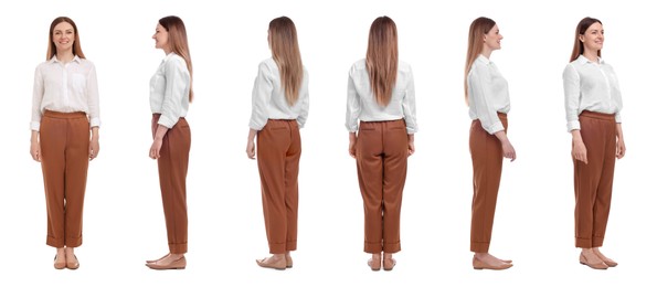 Image of Beautiful woman in stylish outfit on white background, collage. View from different sides