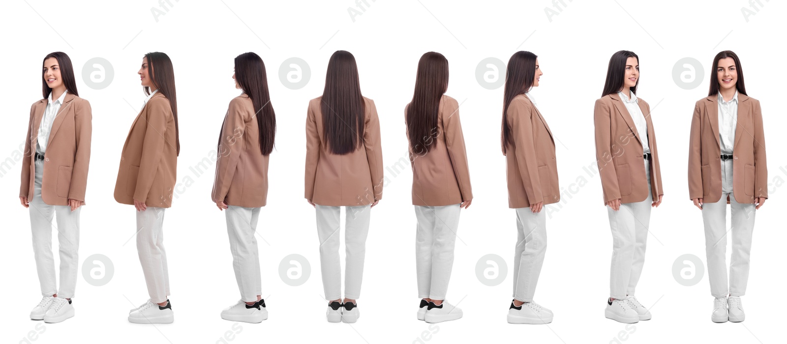 Beautiful woman in stylish outfit on white background, collage. View from different sides Image of Beautiful woman in stylish outfit on white background, collage. View from different sides