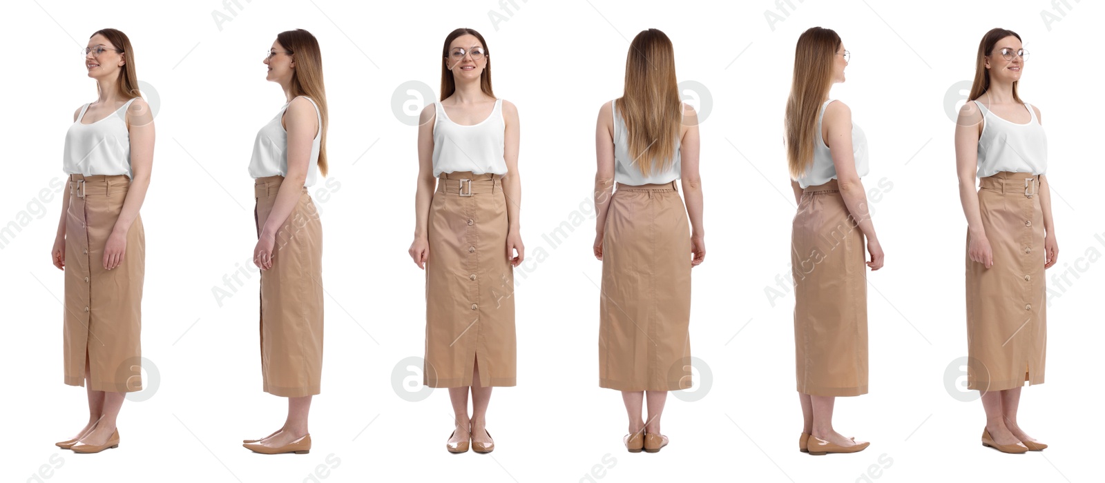 Beautiful woman in stylish outfit on white background, collage. View from different sides Image of Beautiful woman in stylish outfit on white background, collage. View from different sides