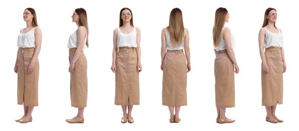 Image of Beautiful woman in stylish outfit on white background, collage. View from different sides