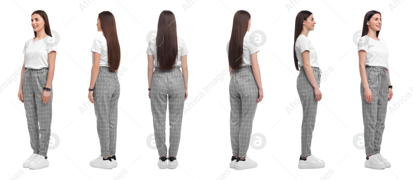 Beautiful woman in stylish outfit on white background, collage. View from different sides Image of Beautiful woman in stylish outfit on white background, collage. View from different sides