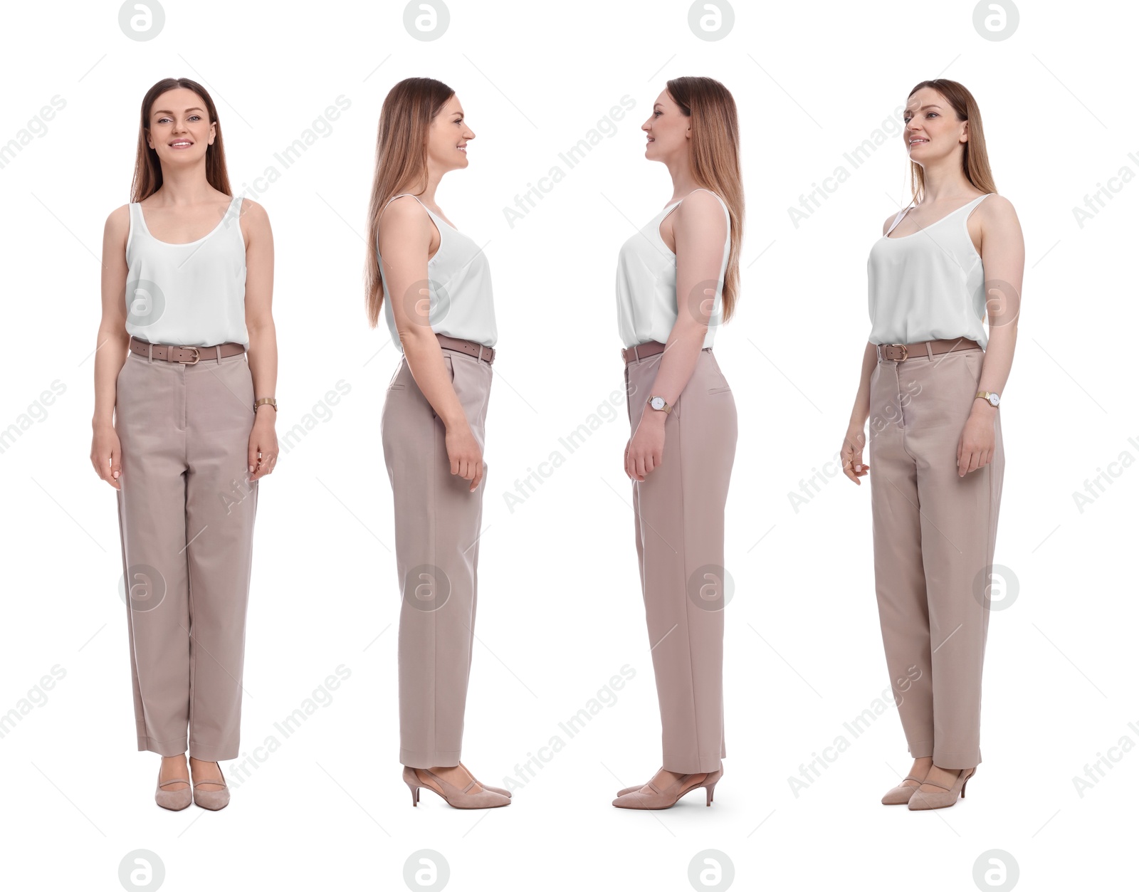 Beautiful woman in stylish outfit on white background, collage. View from different sides Image of Beautiful woman in stylish outfit on white background, collage. View from different sides