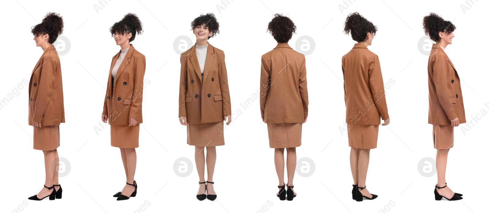 Beautiful woman in stylish suit on white background, collage. View from different sides Image of Beautiful woman in stylish suit on white background, collage. View from different sides