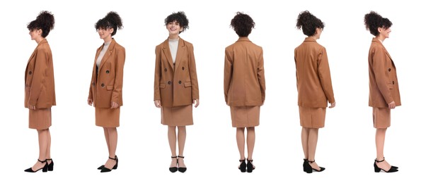 Image of Beautiful woman in stylish suit on white background, collage. View from different sides