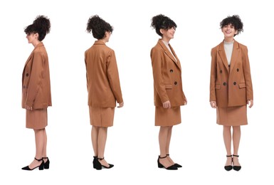 Image of Beautiful woman in stylish suit on white background, collage. View from different sides