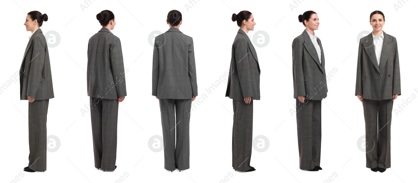 Beautiful woman in stylish suit on white background, collage. View from different sides Image of Beautiful woman in stylish suit on white background, collage. View from different sides