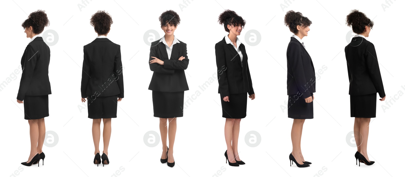 Beautiful woman in stylish suit on white background, collage. View from different sides Image of Beautiful woman in stylish suit on white background, collage. View from different sides