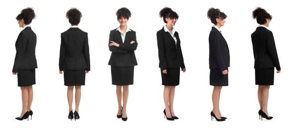 Image of Beautiful woman in stylish suit on white background, collage. View from different sides