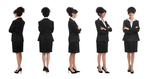Image of Beautiful woman in stylish suit on white background, collage. View from different sides