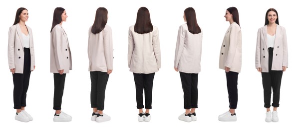 Image of Beautiful woman in stylish outfit on white background, collage. View from different sides