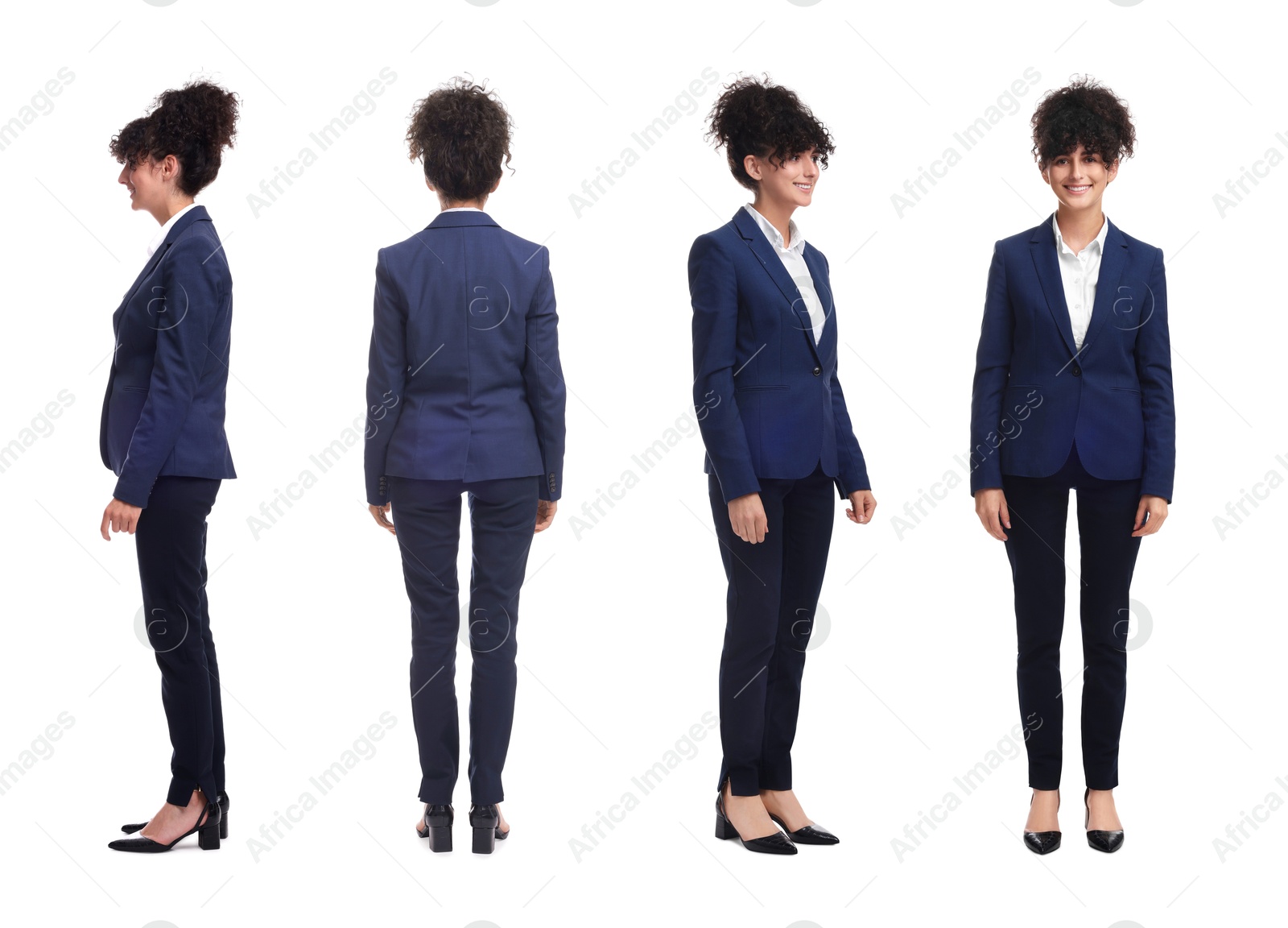 Beautiful woman in stylish suit on white background, collage. View from different sides Image of Beautiful woman in stylish suit on white background, collage. View from different sides