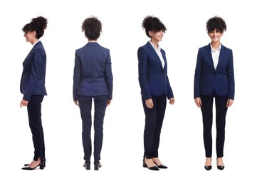 Image of Beautiful woman in stylish suit on white background, collage. View from different sides