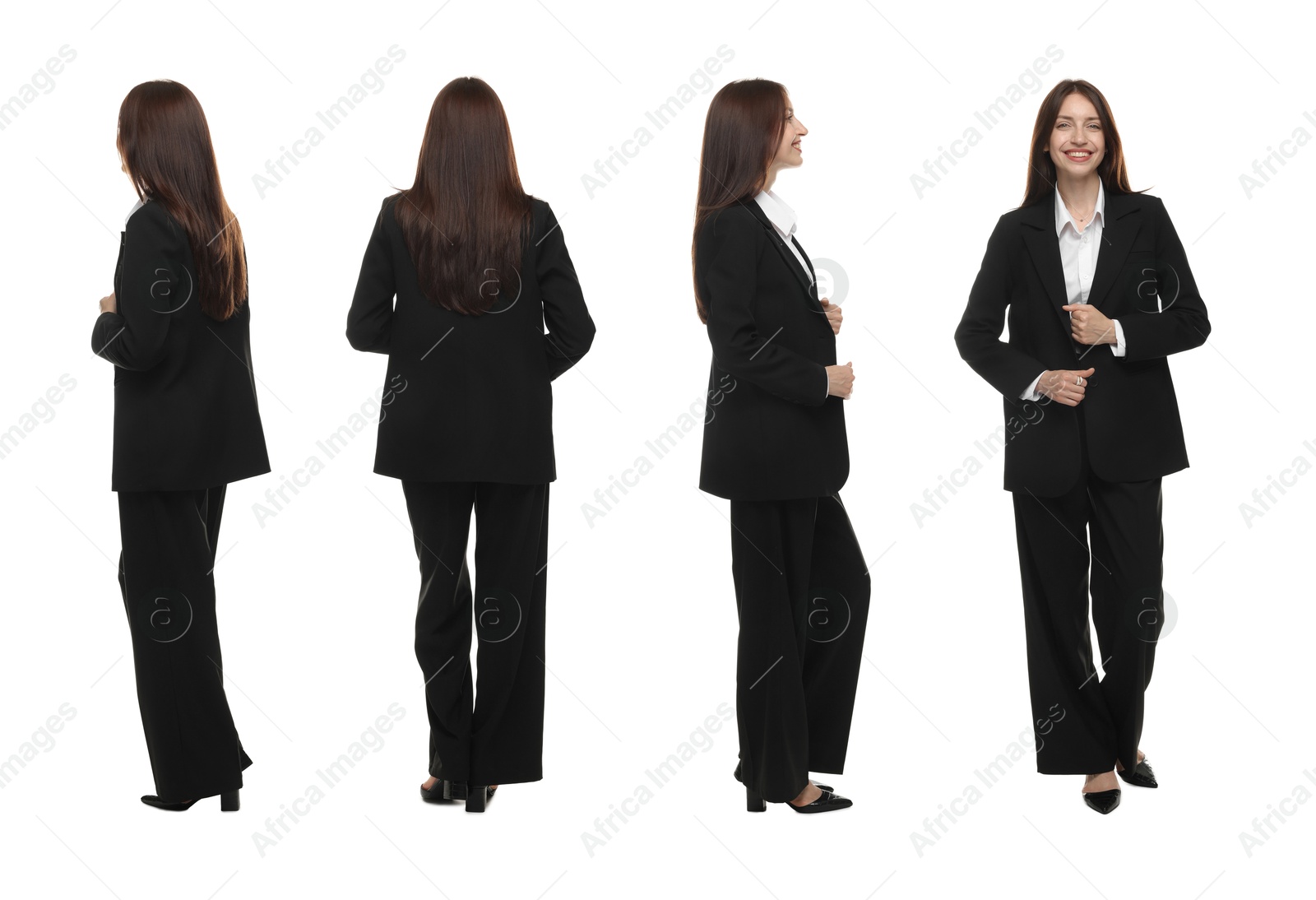 Beautiful woman in stylish black suit on white background, collage. View from different sides Image of Beautiful woman in stylish black suit on white background, collage. View from different sides