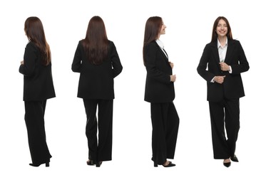 Image of Beautiful woman in stylish black suit on white background, collage. View from different sides