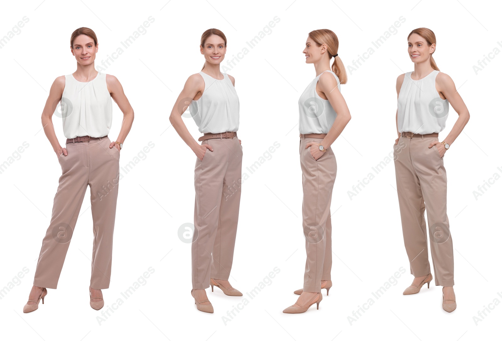 Beautiful woman in elegant outfit on white background, collage. View from different sides Image of Beautiful woman in elegant outfit on white background, collage. View from different sides