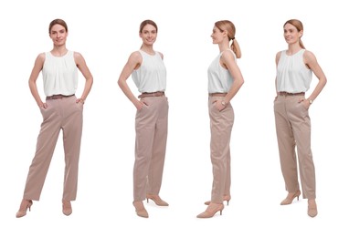 Image of Beautiful woman in elegant outfit on white background, collage. View from different sides