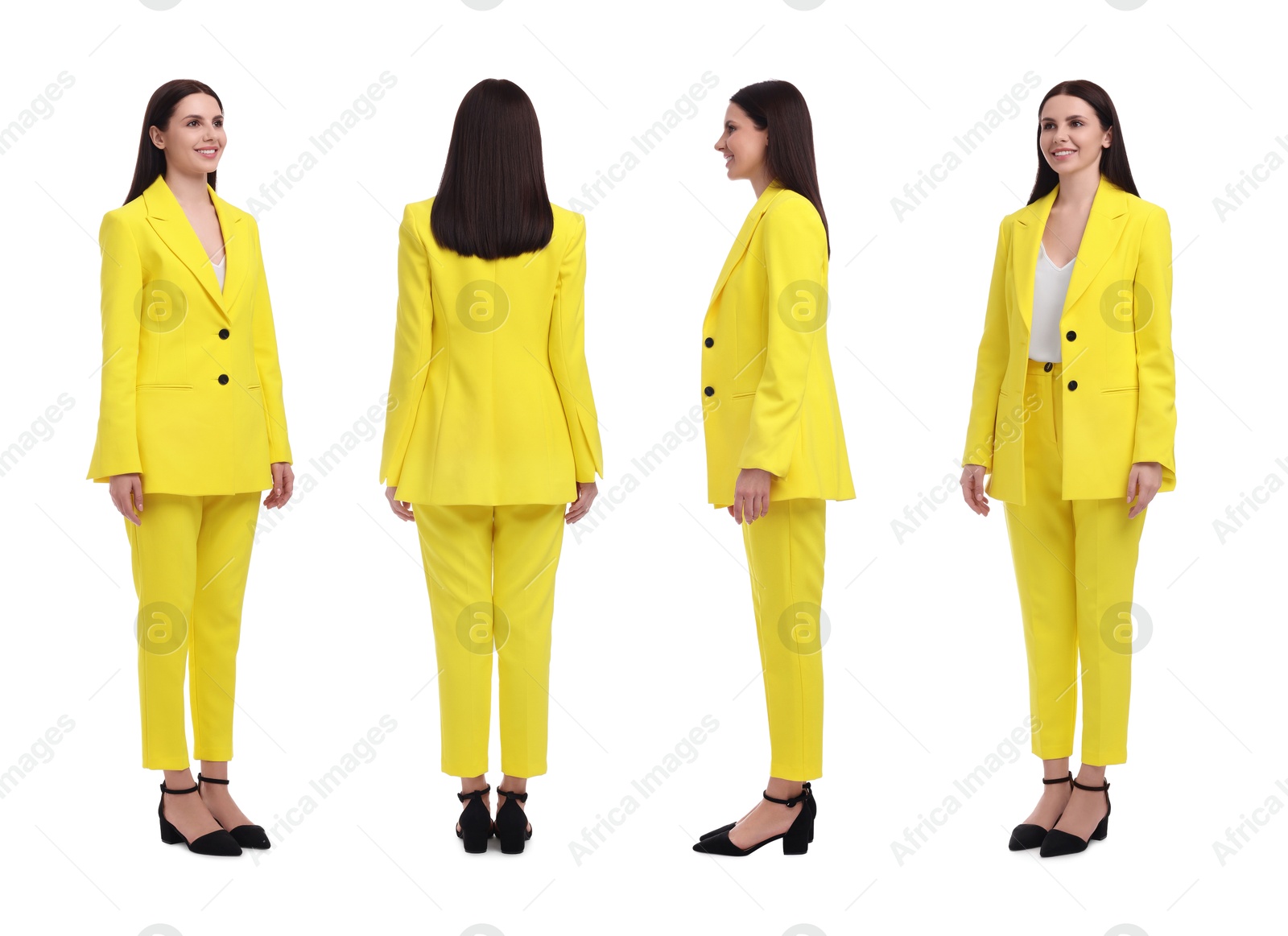 Beautiful woman in stylish yellow suit on white background, collage. View from different sides Image of Beautiful woman in stylish yellow suit on white background, collage. View from different sides