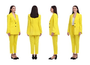 Image of Beautiful woman in stylish yellow suit on white background, collage. View from different sides