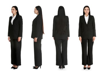 Image of Beautiful woman in stylish black suit on white background, collage. View from different sides