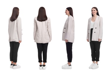 Image of Beautiful woman in stylish outfit on white background, collage. View from different sides