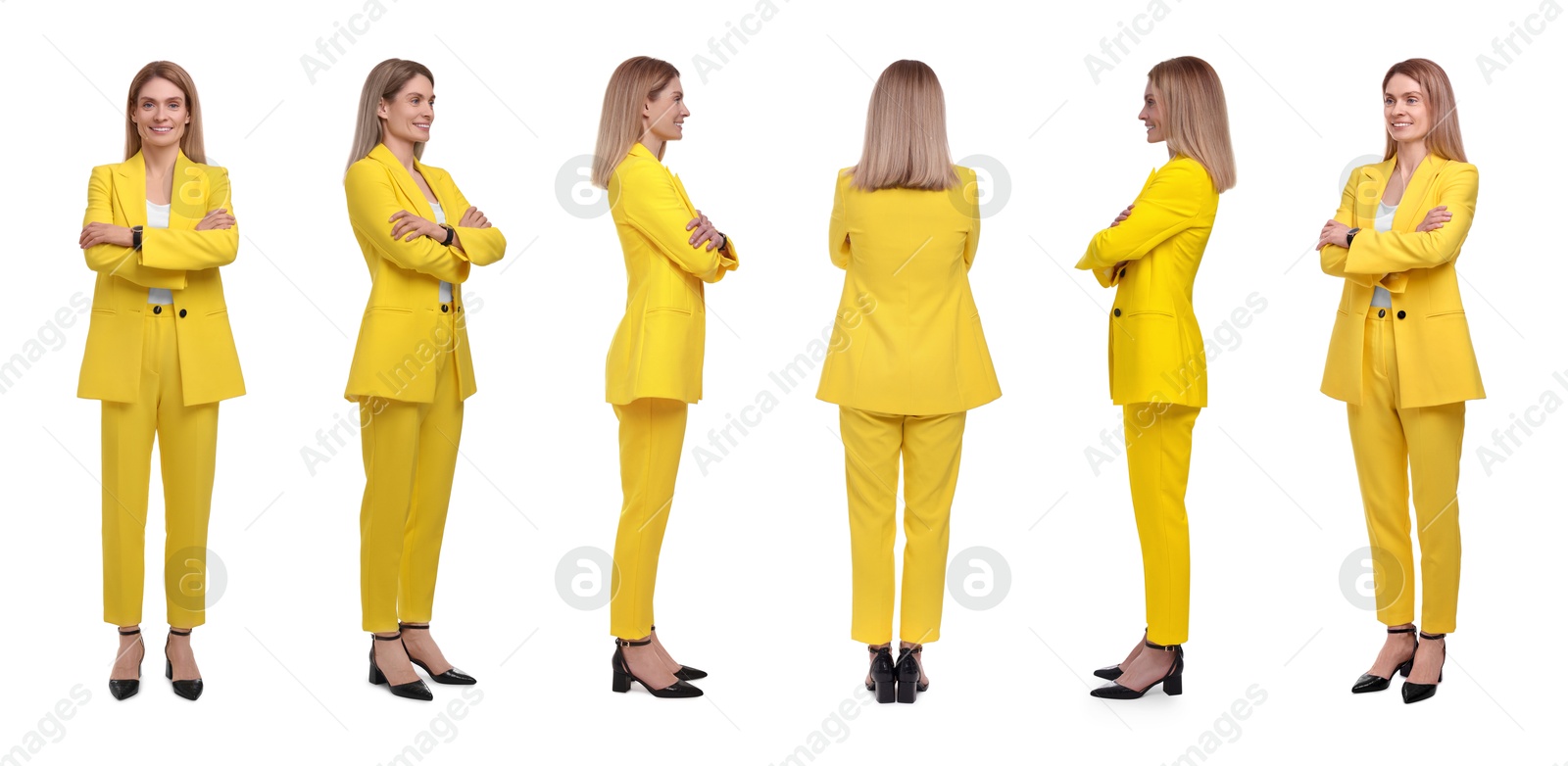 Beautiful woman in stylish yellow suit on white background, collage. View from different sides Image of Beautiful woman in stylish yellow suit on white background, collage. View from different sides