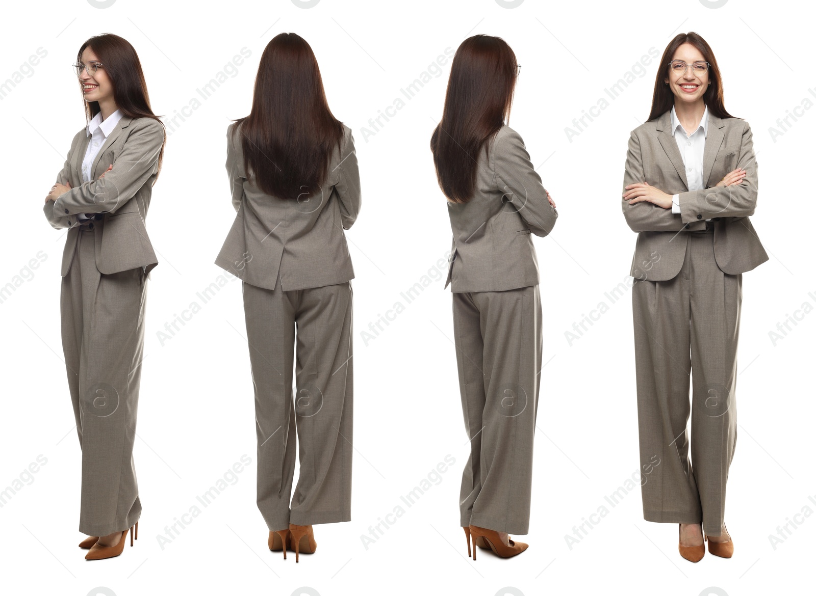 Beautiful woman in stylish grey suit on white background, collage. View from different sides Image of Beautiful woman in stylish grey suit on white background, collage. View from different sides