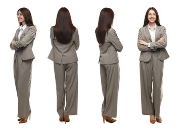 Image of Beautiful woman in stylish grey suit on white background, collage. View from different sides