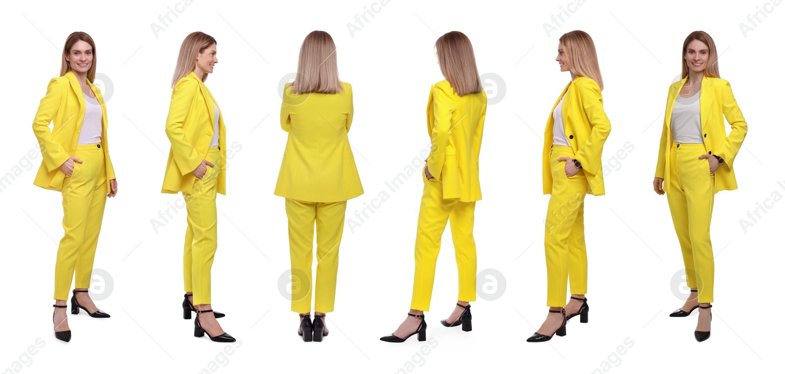 Beautiful woman in stylish yellow suit on white background, collage. View from different sides Image of Beautiful woman in stylish yellow suit on white background, collage. View from different sides