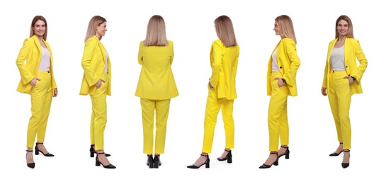 Image of Beautiful woman in stylish yellow suit on white background, collage. View from different sides