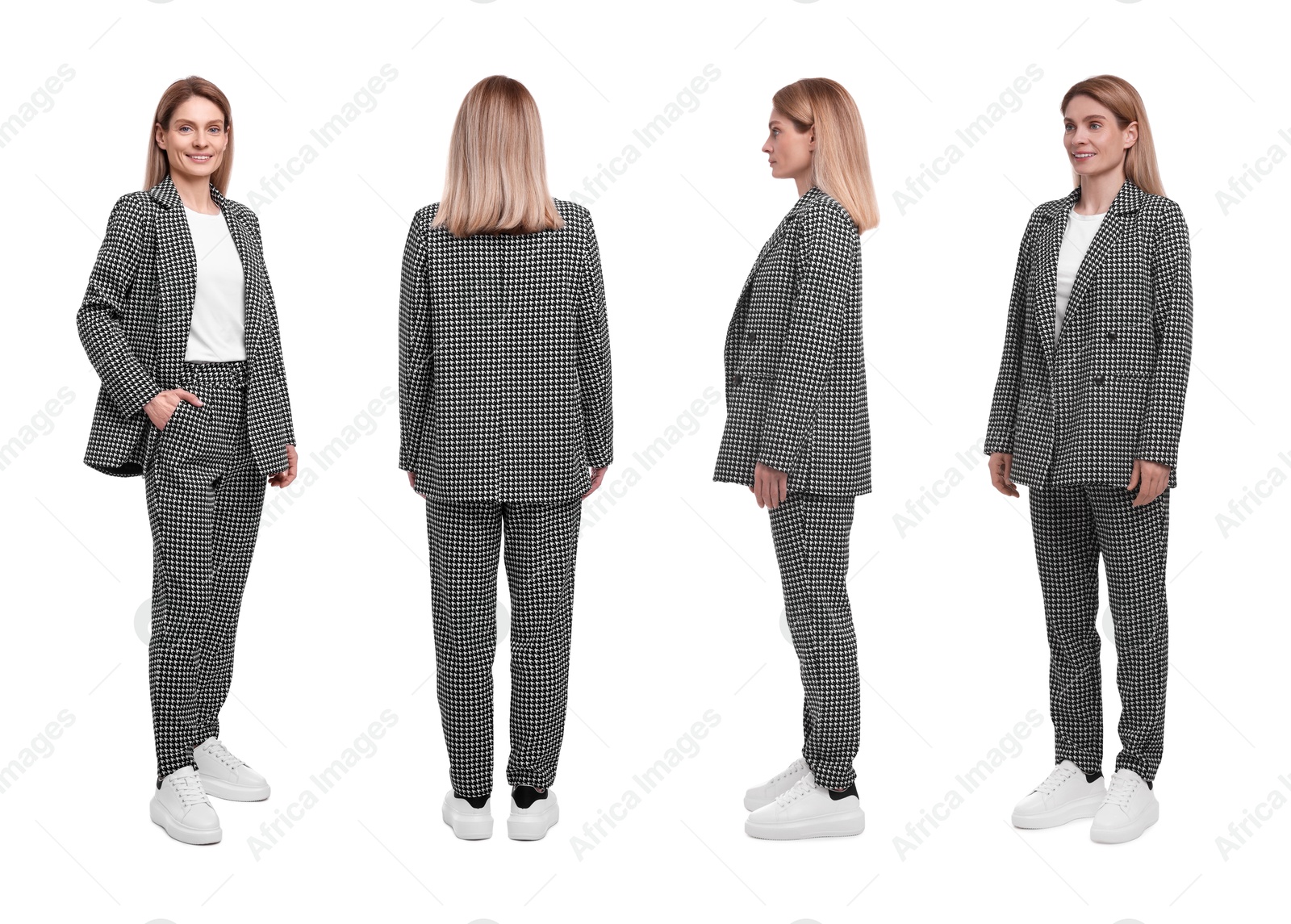 Beautiful woman in stylish suit on white background, collage. View from different sides Image of Beautiful woman in stylish suit on white background, collage. View from different sides