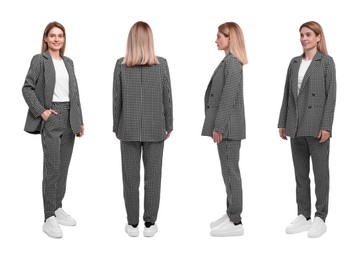 Image of Beautiful woman in stylish suit on white background, collage. View from different sides