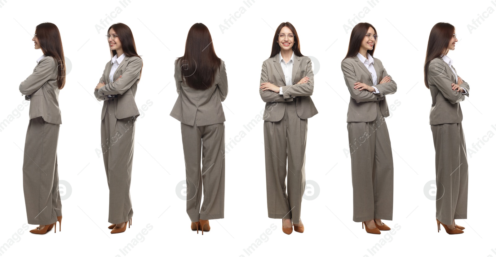 Beautiful woman in stylish grey suit on white background, collage. View from different sides Image of Beautiful woman in stylish grey suit on white background, collage. View from different sides
