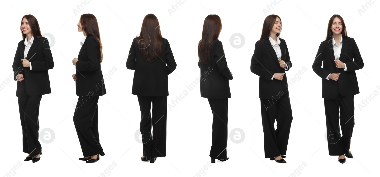Beautiful woman in stylish black suit on white background, collage. View from different sides Image of Beautiful woman in stylish black suit on white background, collage. View from different sides