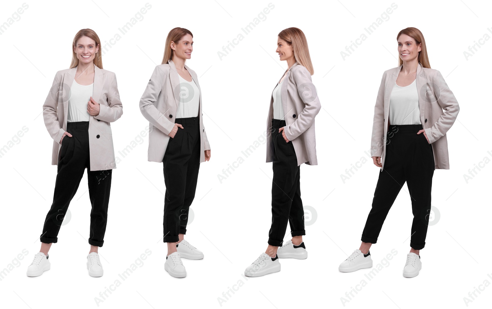 Beautiful woman in elegant outfit on white background, collage. View from different sides Image of Beautiful woman in elegant outfit on white background, collage. View from different sides