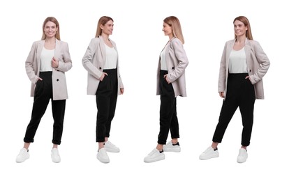 Image of Beautiful woman in elegant outfit on white background, collage. View from different sides