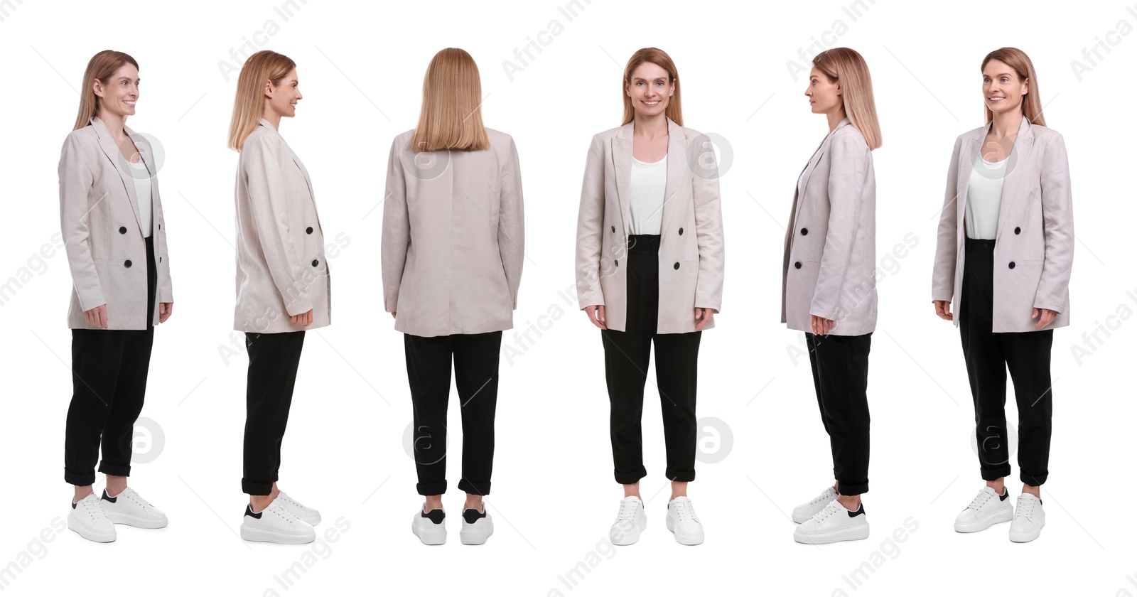 Beautiful woman in elegant outfit on white background, collage. View from different sides Image of Beautiful woman in elegant outfit on white background, collage. View from different sides