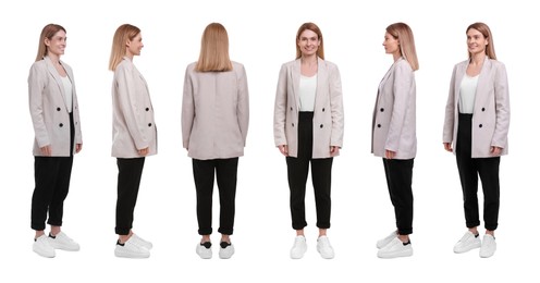 Image of Beautiful woman in elegant outfit on white background, collage. View from different sides