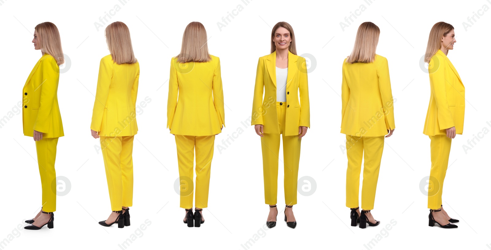 Image of Beautiful woman in stylish yellow suit on white background, collage. View from different sides
